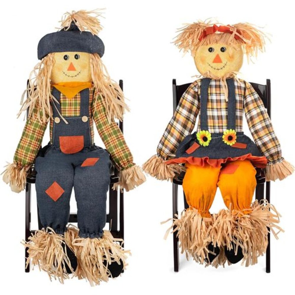 Thanksgiving Sitting Scarecrow Decor Set of 2 Large 50β Inch Boy Girl Couple